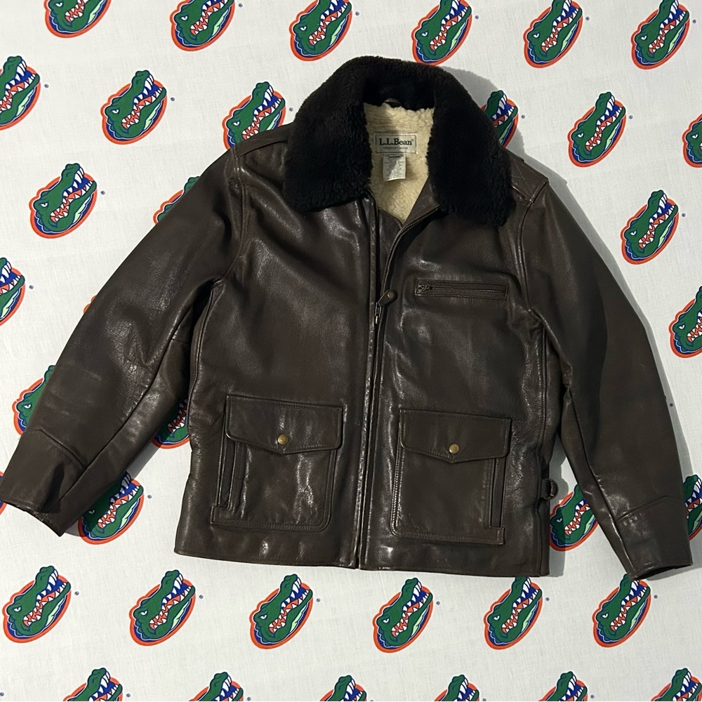 Mens Vintage LL Bean 90s Flying Tiger Genuine Leather Bomber Jacket Size Medium